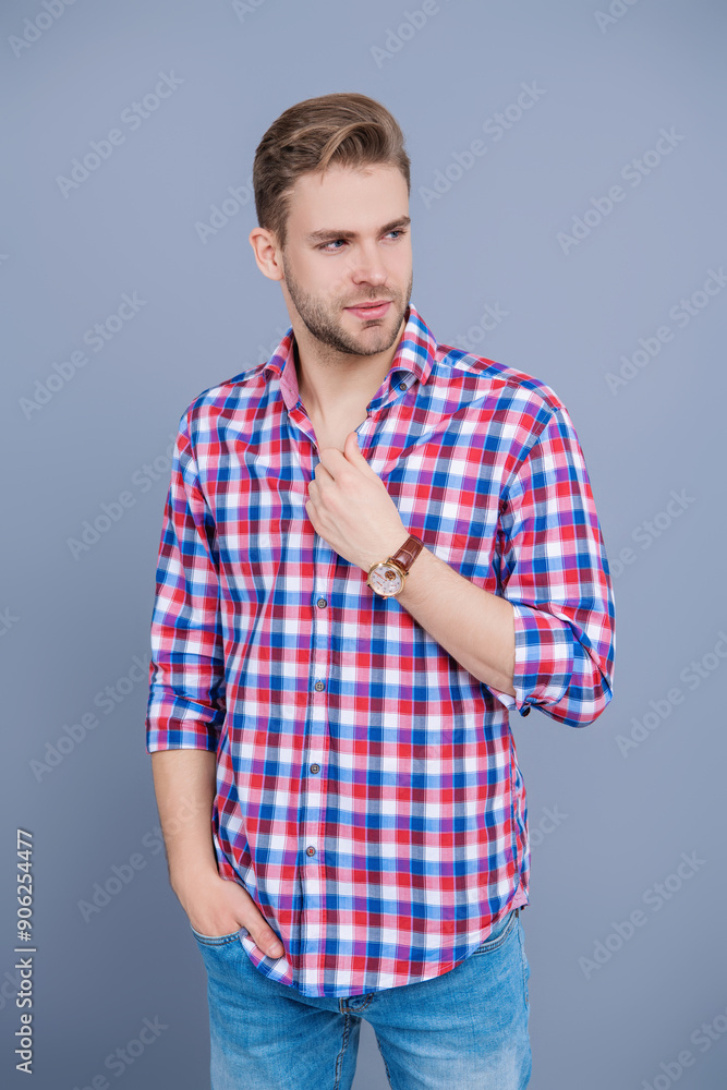Male beauty and hairstyle. Millennial guy wearing casual. Handsome young man. Portrait of man in casual shirt keeping arms crossed isolated on grey. Unshaven man skincare. Young model Male beauty and hairstyle. Millennial guy wearing casual. Handsome young man. Portrait of man in casual shirt keeping arms crossed isolated on grey. Unshaven man skincare. Young model
