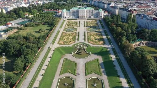 Aerial view of the historical monument of the Baroque palace complex Belvedere in the capital of Austria, Vienna, on a sunny summer day