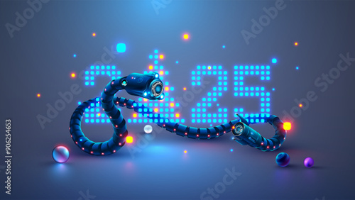 Robot snake with AI wrapped around number of new year 2025. Christmas and new year greeting card with robot snake, digits 2025 in digital computers electronics technology style. China zodiac snake.