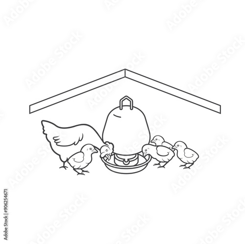 illustration of chicks and water container.