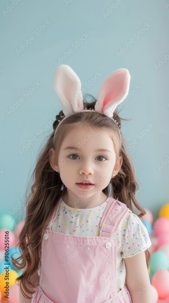 A child wears bunny ears while surrounded by pastel Easter eggs in a joyful atmosphere A child wears bunny ears while surrounded by pastel Easter eggs in a joyful atmosphere