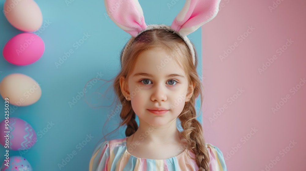 A young girl wearing bunny ears stands playfully against a pastel backdrop, celebrating spring festivities