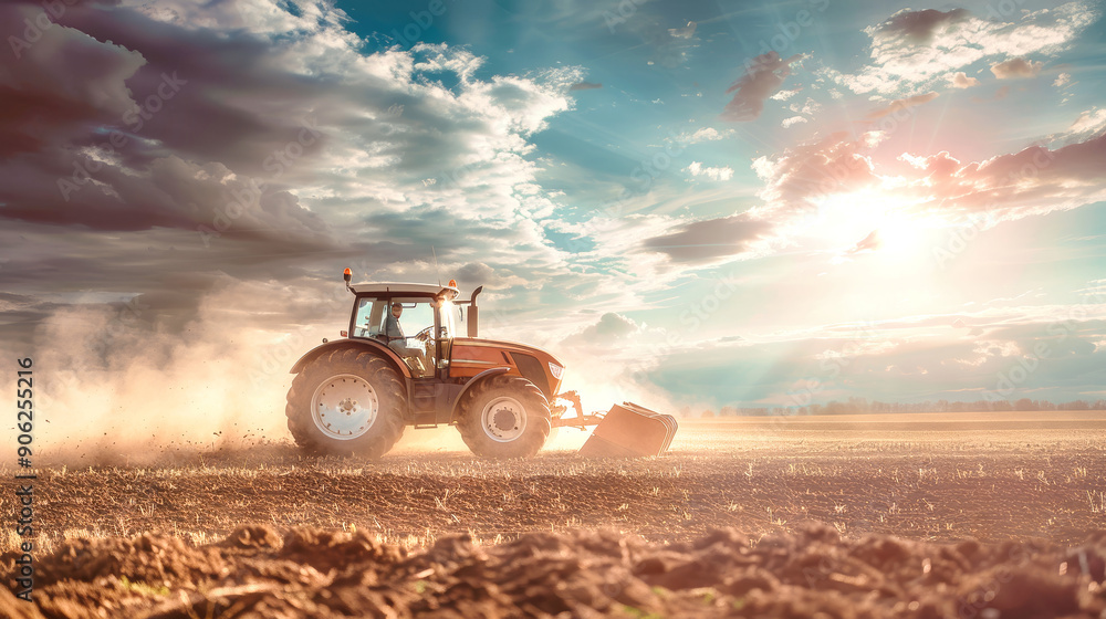Obraz premium A powerful tractor works diligently, cultivating the land as dust clouds billow and a breathtaking sunset paints the sky with vibrant colors