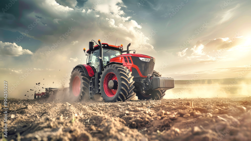 Fototapeta premium A robust tractor works the soil, creating dust clouds under a dramatic sky as it cultivates the field during the golden hour of the evening