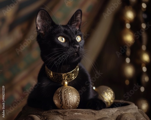 Majestic black cat adorned in gold, paying homage to bastet, the revered ancient egyptian goddess photo