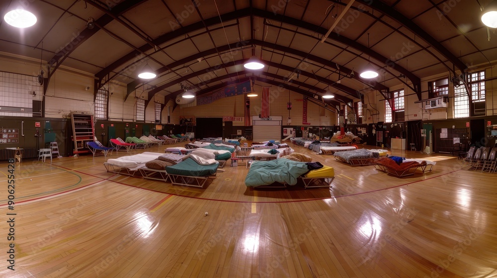 Emergency Shelter Setup in School Gymnasium: Panoramic View of Evacuee Accommodation with Cots, Blankets, and Supplies Emergency Shelter Setup in School Gymnasium: Panoramic View of Evacuee Accommodation with Cots, Blankets, and Supplies