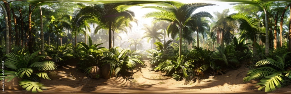 Fototapeta premium Immersive 360-Degree Rectangular Panorama of a Lush Tropical Paradise, Teeming with Exotic Flora and Vibrant Rainforest Life