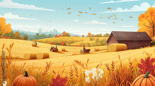 A vibrant countryside scene with golden fields during harvest season, farmers busily working, rustic decorations, pumpkins and hay bales, warm earthy colorsVector illustrations photo