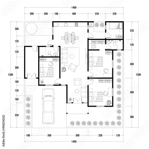 Architecture plan with furniture. home floor plan, isolated on white background, stock illustration.