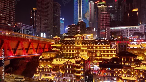 4K drone footage of Hongya Cave area over Jialing River in Chongqing, China