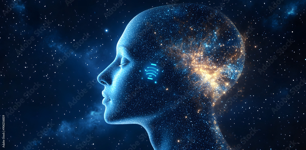A Digital Human Head Profile with Glowing Dots Representing Neural Connections and Artificial Intelligence, Symbolizing the Future of AI and Human-Machine Integration A Digital Human Head Profile with Glowing Dots Representing Neural Connections and Artificial Intelligence, Symbolizing the Future of AI and Human-Machine Integration