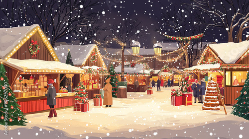 Festive European Christmas market, decorated stalls, shoppers, holiday lights, hot cocoa stands, gingerbread, and beautifully adorned Christmas treesVector illustrations