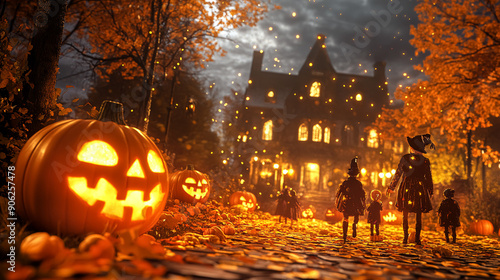 Halloween night scene, trick-or-treaters in imaginative costumes, glowing pumpkins, spooky decorations, haunted house lurking in the backgroundHighly detailed , 8K photo