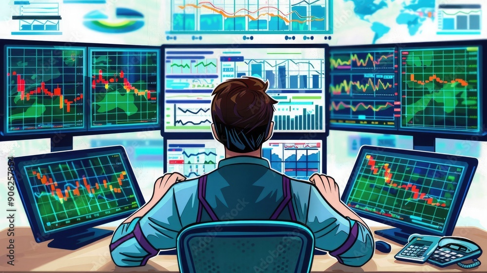 Trader analyzing financial data on multiple screens in a busy stock market setting, focusing on charts, graphs, and economic indicators. Trader analyzing financial data on multiple screens in a busy stock market setting, focusing on charts, graphs, and economic indicators.