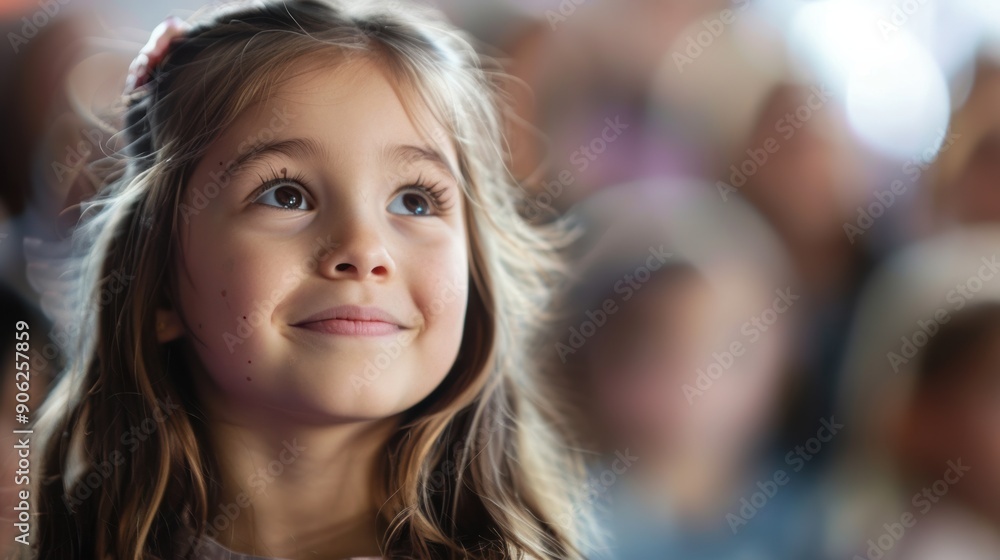 A young girl smiles warmly, captivated by the excitement around her at a lively event A young girl smiles warmly, captivated by the excitement around her at a lively event