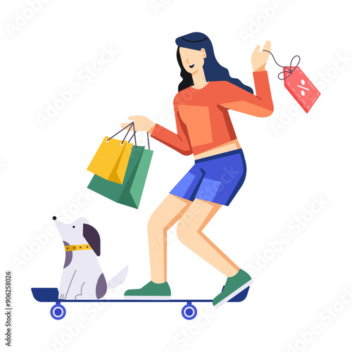 Happy shopping with dog, flat illustration 

