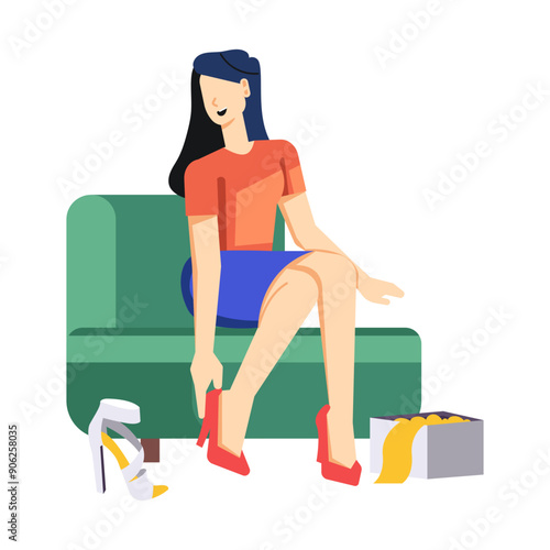 Girl trying shoes at a store, flat illustration 

