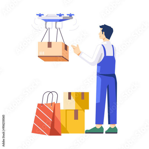 A flat character illustration of drone delivery 


