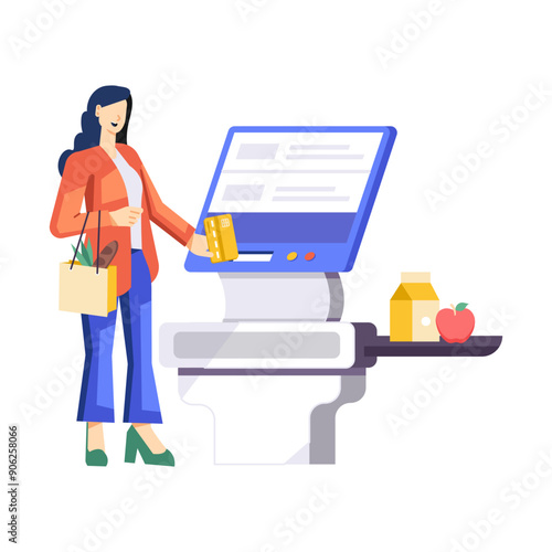 Girl doing self checkout, flat character illustration 

