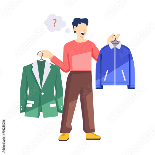 Boy choosing between clothes, flat illustration 

