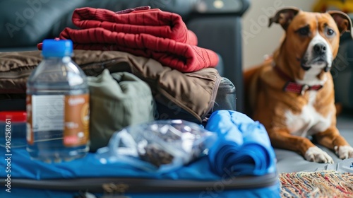Pet Emergency Kit Essentials for Evacuation: Close-Up of Food, Water, Carrier - Preparation for Crisis Management and Safety