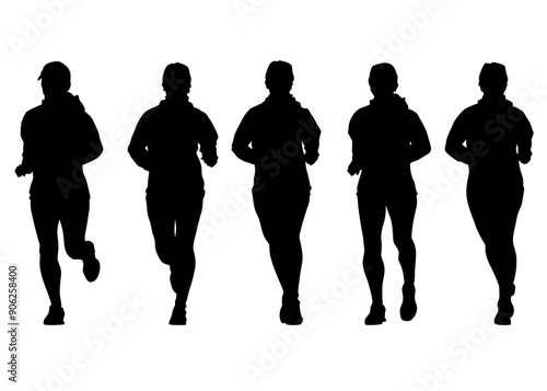 Young athletes run a marathon. Isolated silhouettes on white background