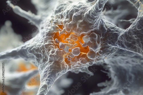 High magnification of a macrophage engulfing debris, showcasing the process of phagocytosis. High-resolution, detailed textures, crisp focus photo