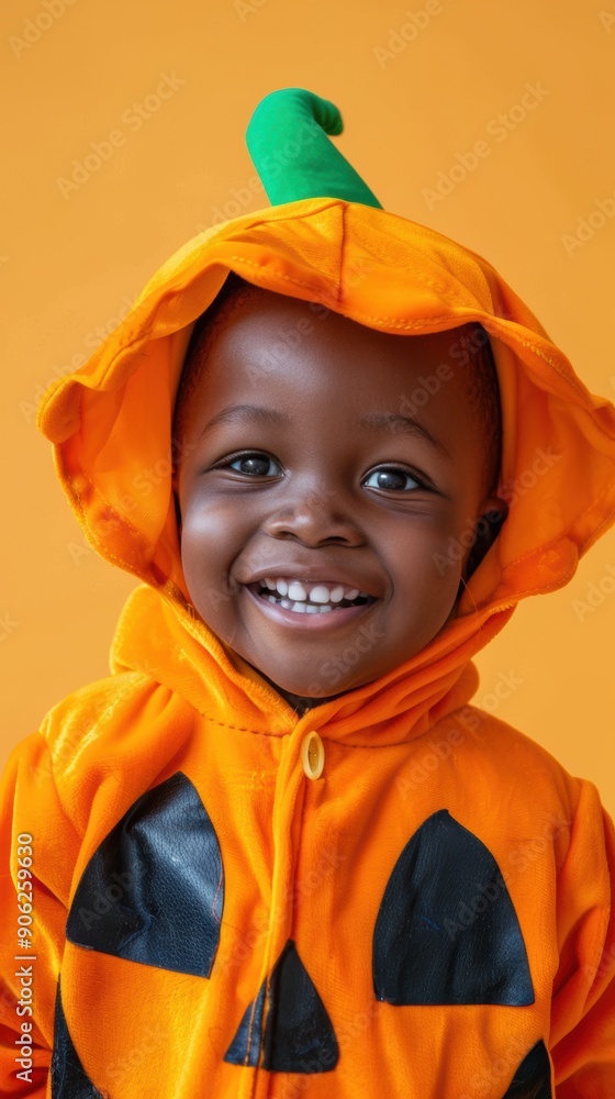 A joyful child smiles widely, wearing a pumpkin costume with a bright orange background A joyful child smiles widely, wearing a pumpkin costume with a bright orange background