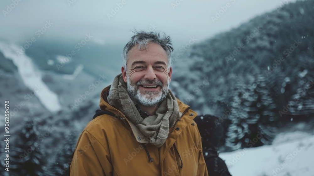 Happy mature man in scenic winter mountain and forest landscape, smiling in the wilderness Happy mature man in scenic winter mountain and forest landscape, smiling in the wilderness
