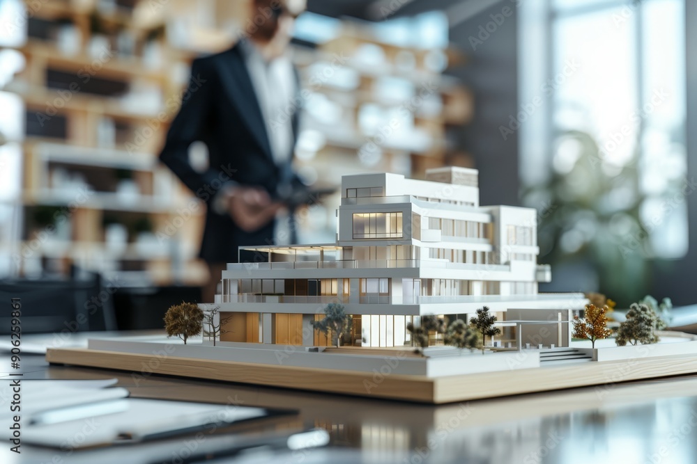 Businessman reviewing 3d city model in real estate office for property design concept Businessman reviewing 3d city model in real estate office for property design concept