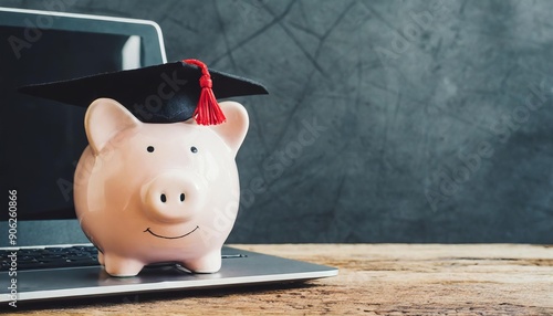 Piggybank with Graduation Hat - Visualization of Student Debt and Loan - Poor Classes unable to afford Education - Rising Debt among Younger Generations photo