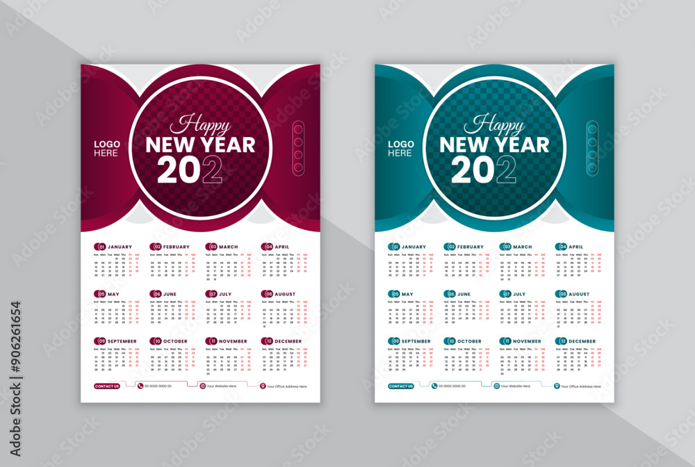 One page wall calendar design template 2025, modern 12 months one page calendar design, clean