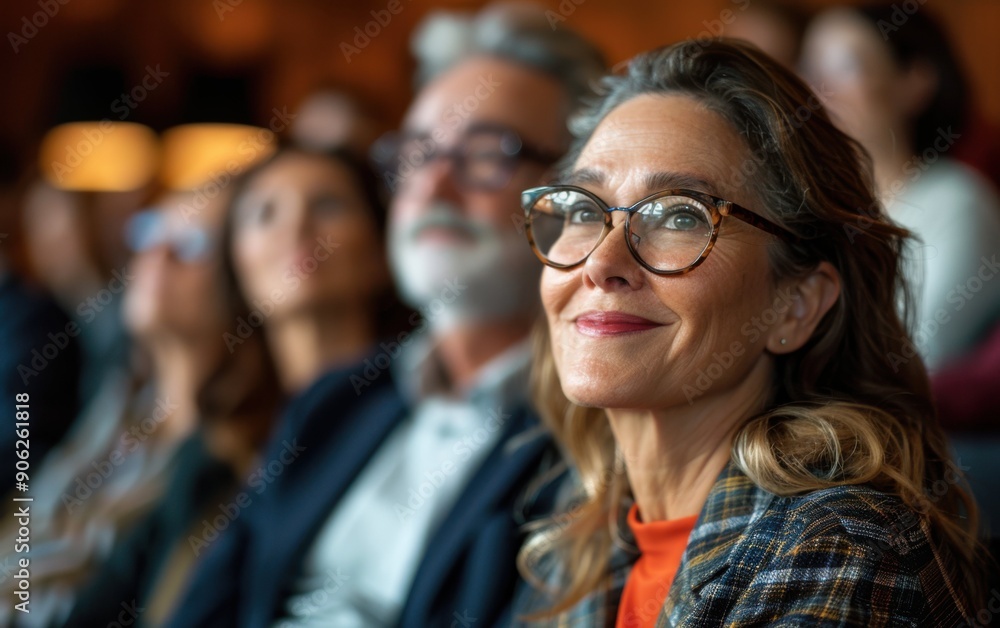 Obraz premium An adult European person smiles while engaging with others at a community event held indoors in the late afternoon