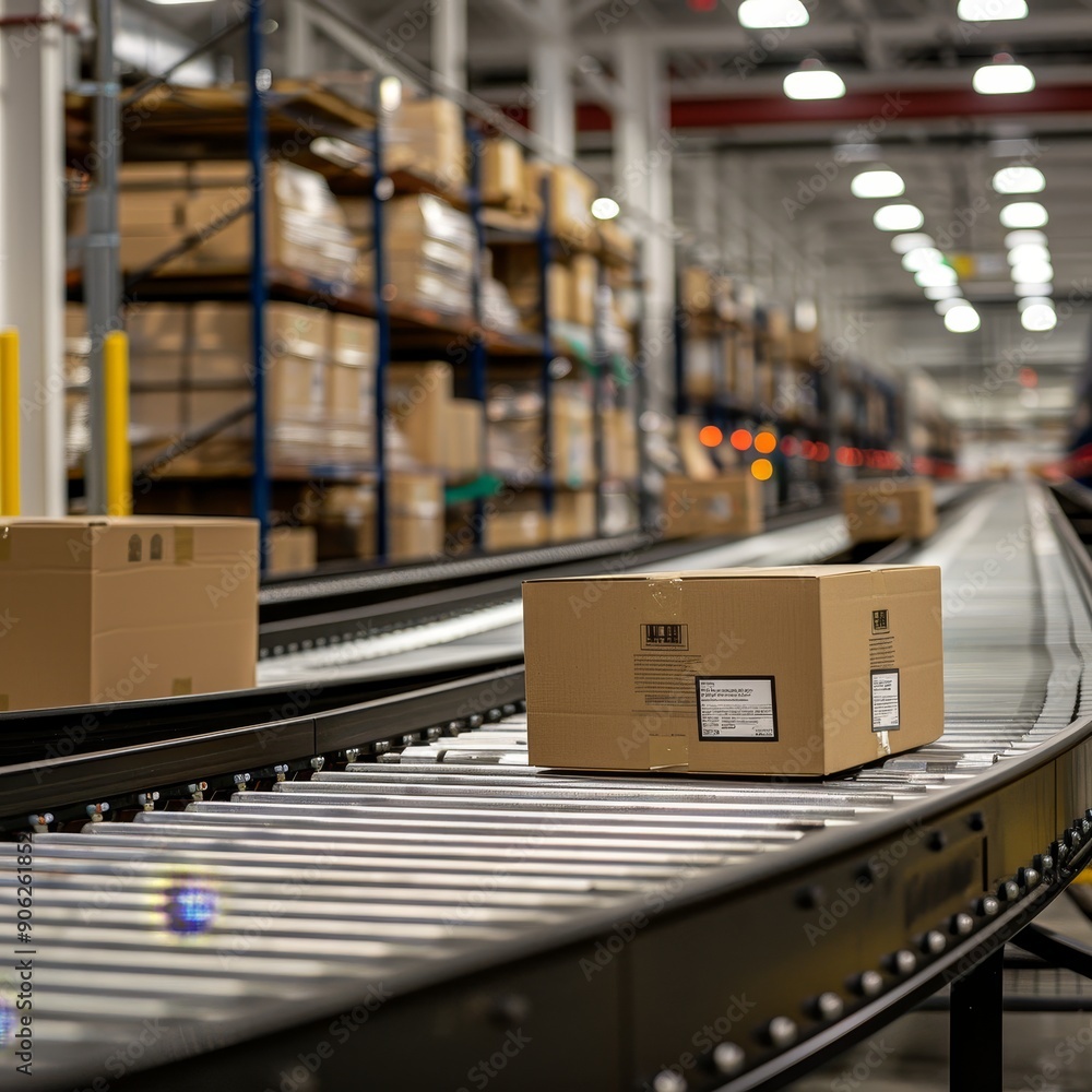 Cardboard boxes on conveyor belt in warehouse, moving for processing or shipping Cardboard boxes on conveyor belt in warehouse, moving for processing or shipping