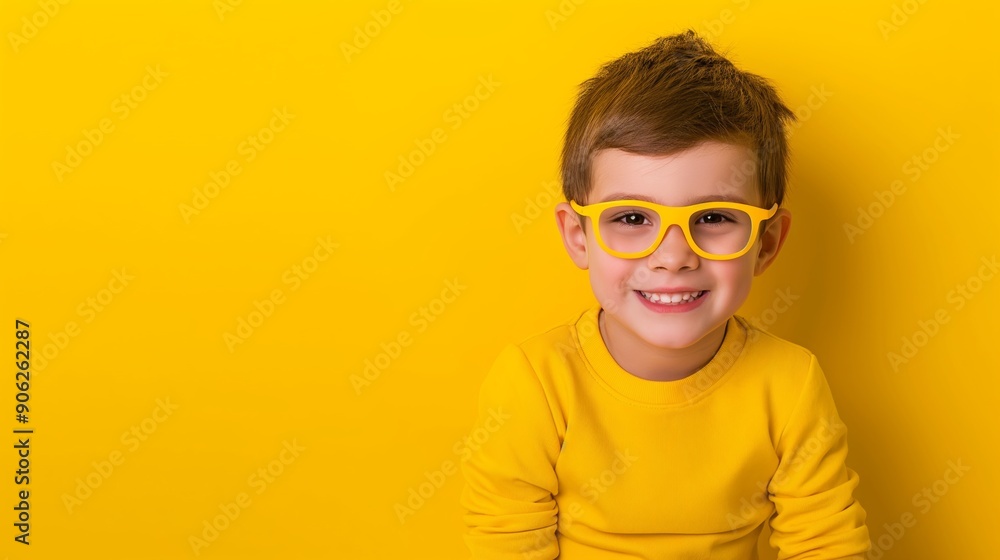 A young boy wearing yellow glasses and a yellow shirt is smiling at the camera. Concept of happiness and playfulness, as the child appears to be enjoying himself A young boy wearing yellow glasses and a yellow shirt is smiling at the camera. Concept of happiness and playfulness, as the child appears to be enjoying himself