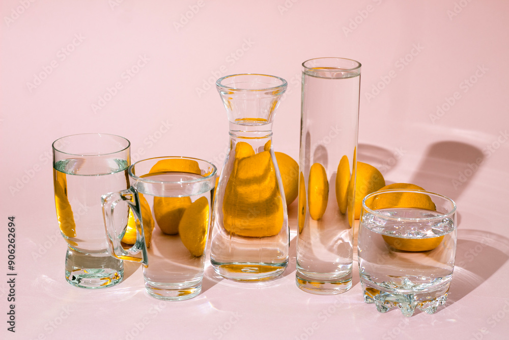 Lemons behind glass vessels filled with water. Distorted reflection. Lemons behind glass vessels filled with water. Distorted reflection.