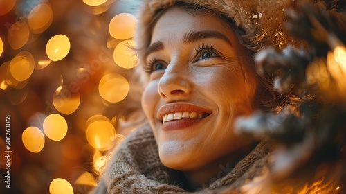 Smiling woman in winter hat and scarf, looking up at bokeh lights. photo