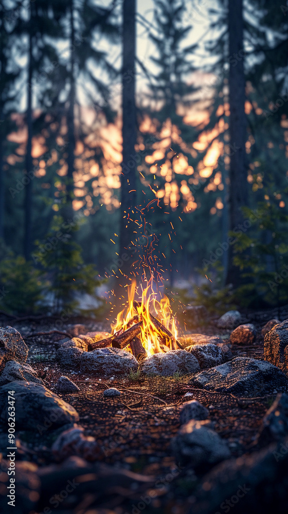 A warm campfire crackles in a dark forest as dusk settles, illuminating the surrounding trees and rocks in a serene, peaceful atmosphere A warm campfire crackles in a dark forest as dusk settles, illuminating the surrounding trees and rocks in a serene, peaceful atmosphere