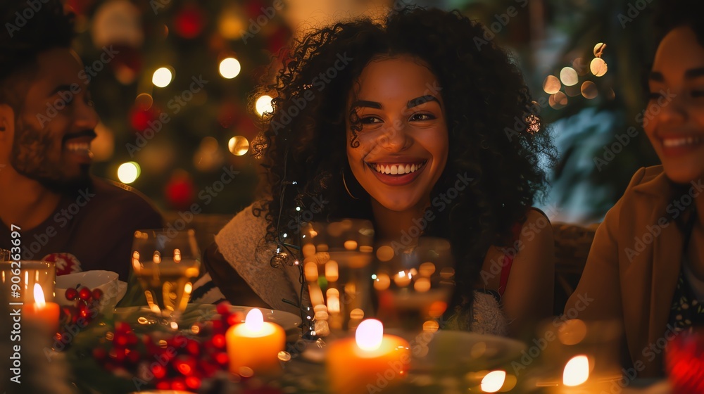 Smiling woman at a Christmas dinner with friends. Smiling woman at a Christmas dinner with friends.