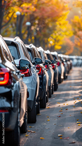 Wallpaper Mural A lineup of rental and sale service vehicles parked on a tree-lined street adorned with autumn foliage, creating a picturesque and inviting atmosphere Torontodigital.ca