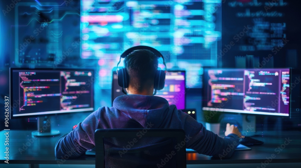 Hacker in a dark room with code on screens, cyber attacks, digital privacy Hacker in a dark room with code on screens, cyber attacks, digital privacy