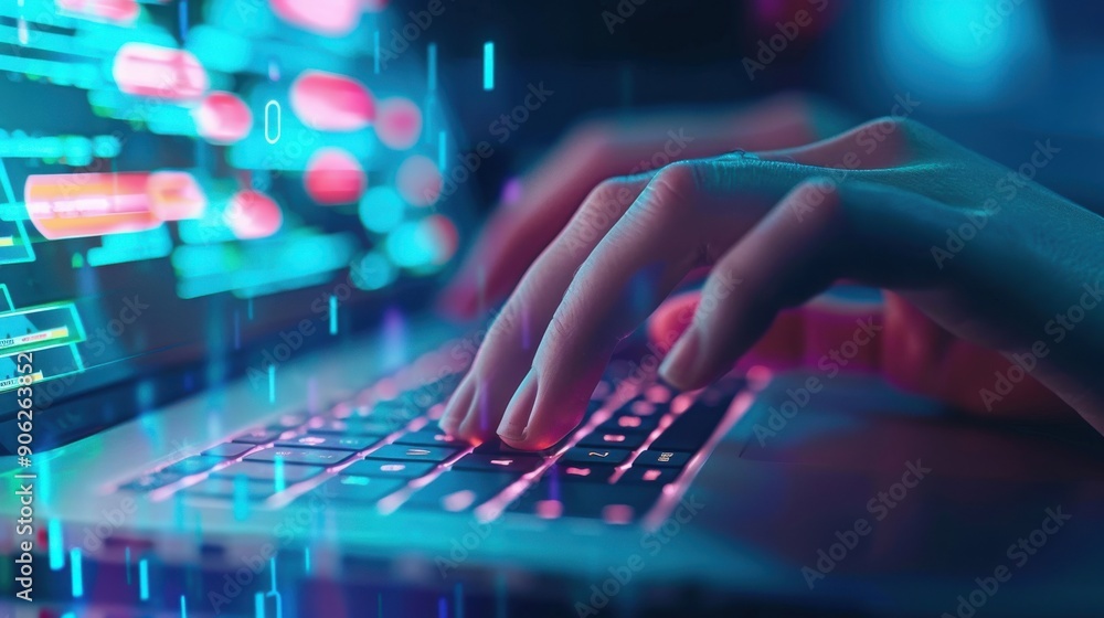 Hacker typing code with digital alerts flashing, cyber attacks, security software Hacker typing code with digital alerts flashing, cyber attacks, security software