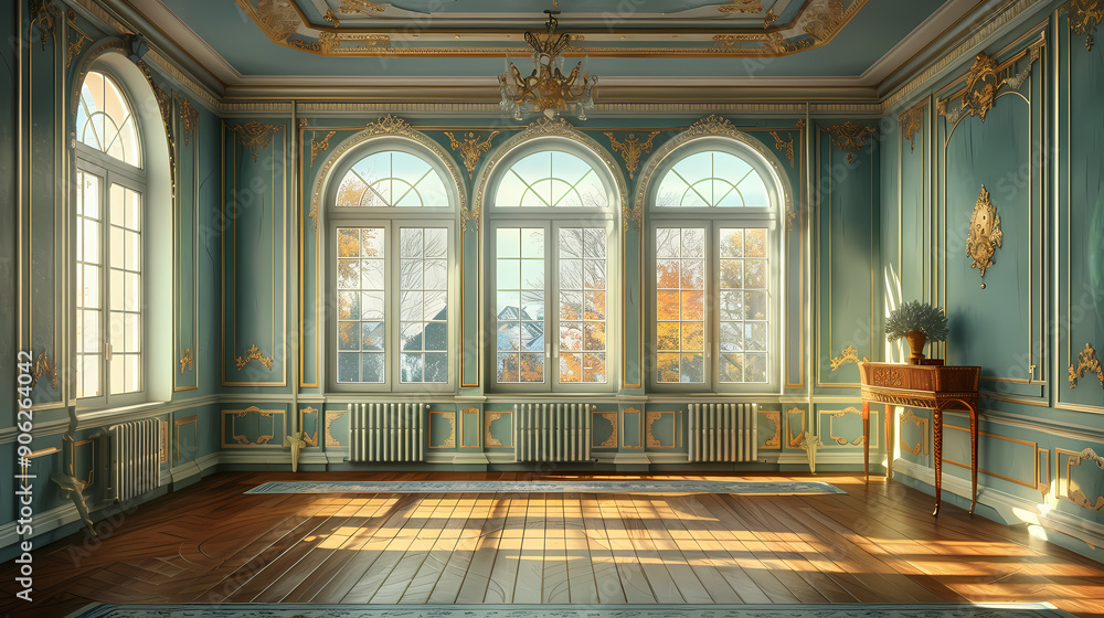 Fototapeta premium A grand room with elegant gold trim and a light blue wall color. The room has large arched windows that let in the warm light of the day and offer a glimpse of the trees outside. The wooden floor is p