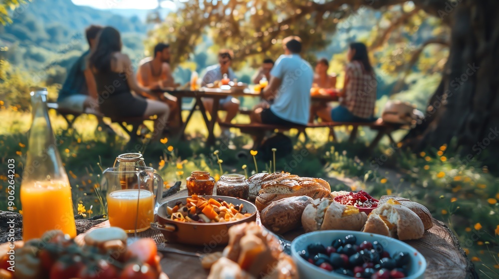 Friends enjoy a picnic lunch in the outdoors with a spread of delicious food and drinks. Friends enjoy a picnic lunch in the outdoors with a spread of delicious food and drinks.