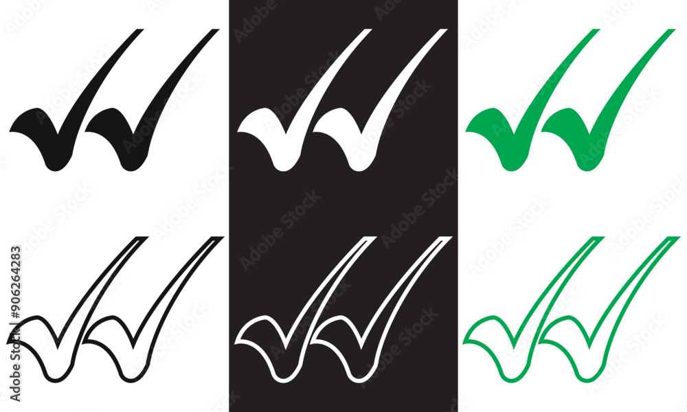 Naklejka premium Double checking icon. Green, black and white double tick, check mark. Flat done sticker icon isolated on white and black. Accept button. Good for web and software interfaces. EPS 10