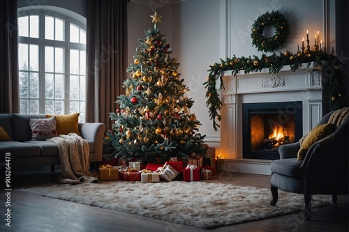 Beautiful Christmas tree in a decorated bright living room. Festive New Year's interior