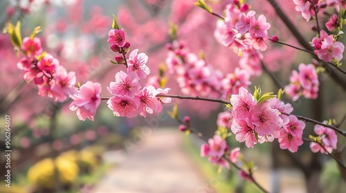 Pink cherry blossoms blooming in spring with a pathway in the background.