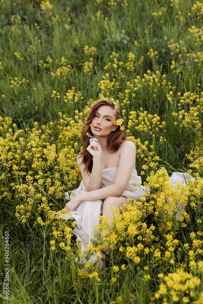 A beautiful redhead woman sits in the field with yellow flowers. A beautiful redhead woman sits in the field with yellow flowers.