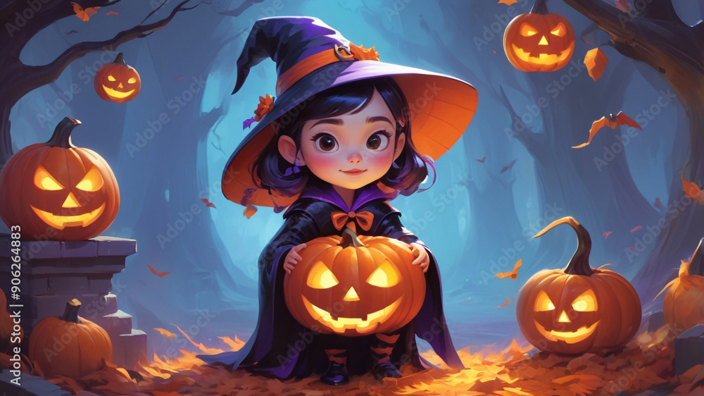 Fototapeta premium cute witch girl holds in her hands a pumpkin carved for Halloween. a girl stands in a night autumn forest shrouded in fog
