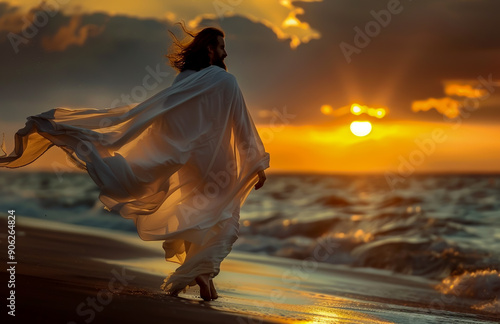 Jesus walking on the beach at sunset in a flowing white robe, bathed in golden light, hyper-realistic scene. photo